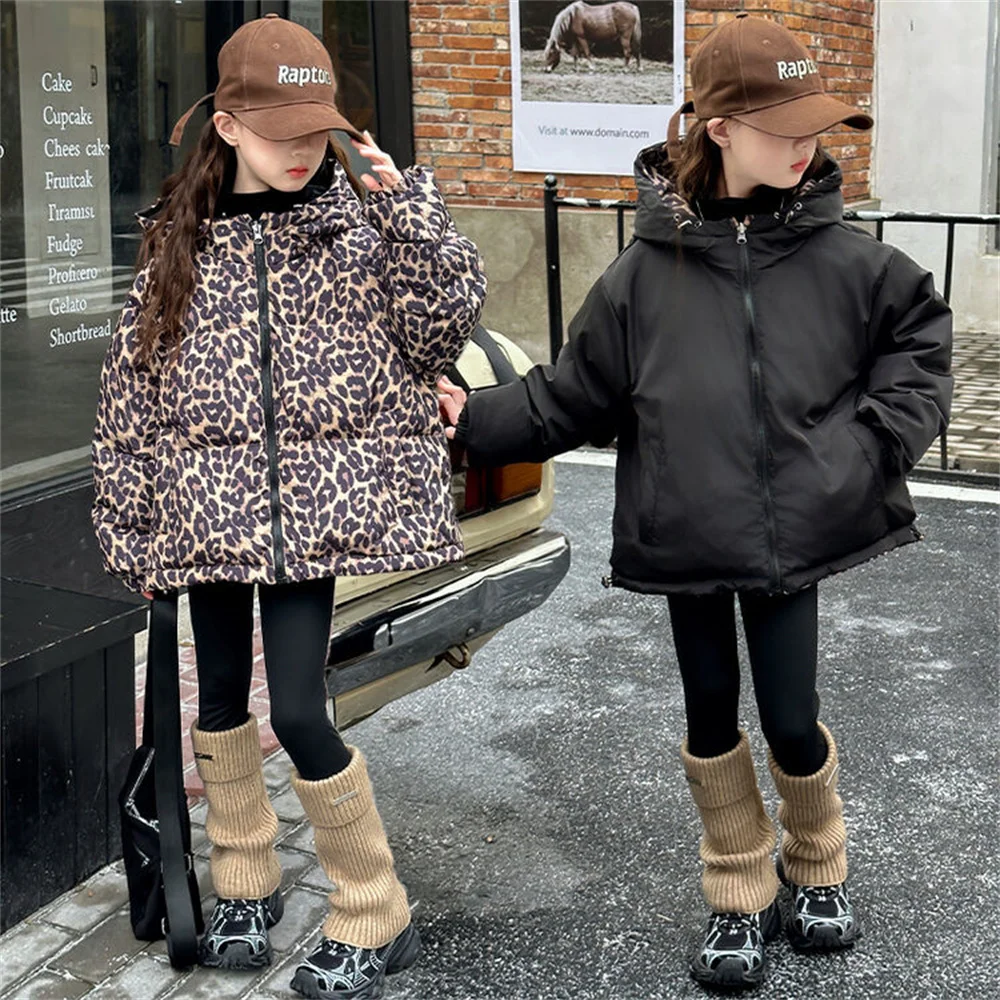 2379 Leopard Print Winter Children\'s Down Jacket Thickened Hooded Girls\' Outdoor Cotton Jacket Thousand Bird Grid Cotton Coat