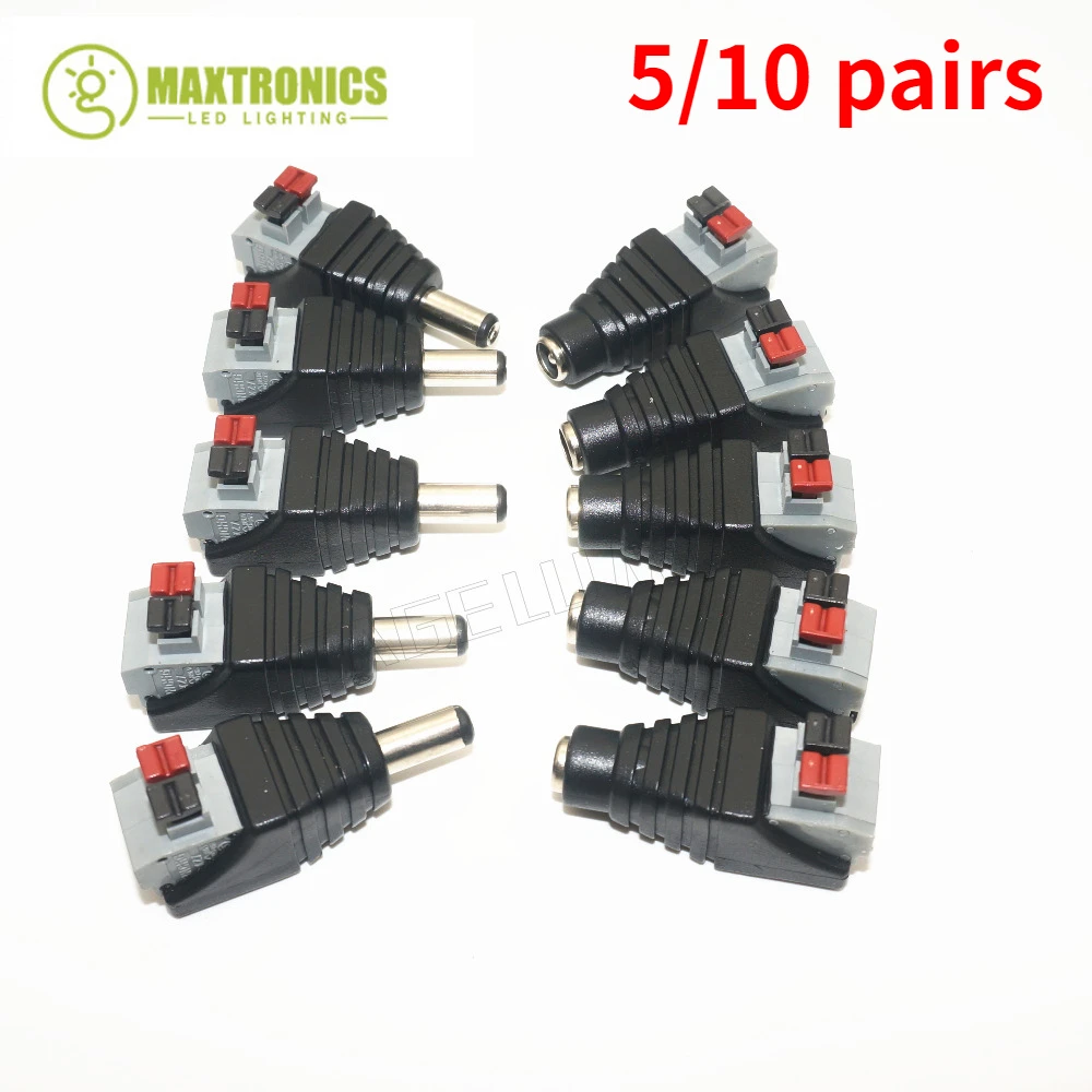 5/10 par żeńskich męskich złączy DC Power Jack bez śrub Adapter wtyczki 5,5x2,1 mm do 5050 3528 jednokolorowych taśm LED do kamer CCTV