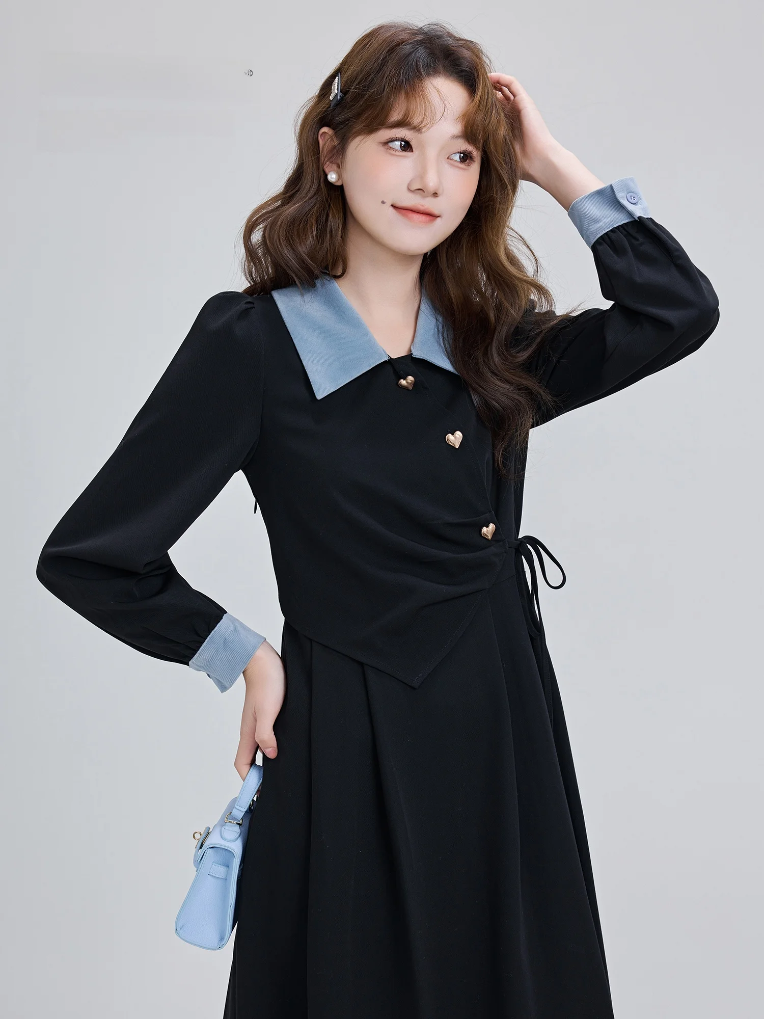 

Retro Spliced Polka Dot Bla Long Dr Women's Autumn Winter Waist Cinched Long Skirt Commute Sle Faux Two-Piece
