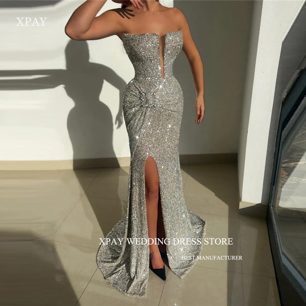 XPAY Spparkly Silver Glitter Mermaid Evening Dresses Split Strapless Dubai Women Prom Gowns Long Formal Occasion Party Dress