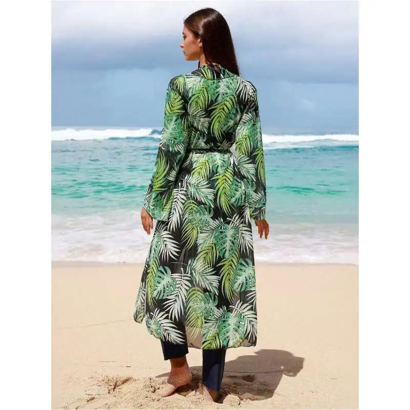 New women's conservative long-sleeve sun-protective swimsuit with cover-up two-piece set for hot spring and beach vacations