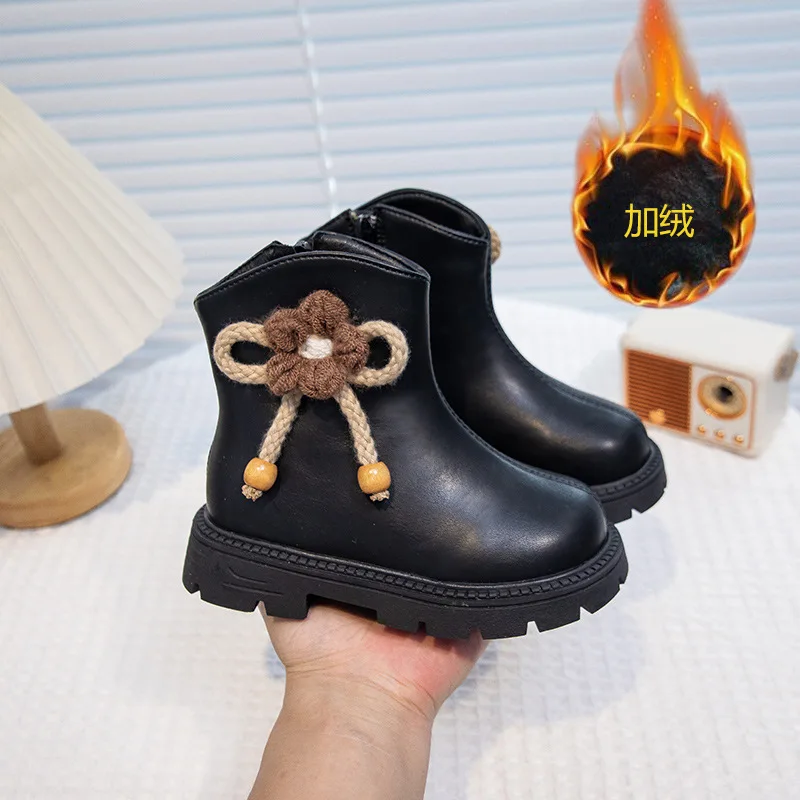 Autumn Girls Short Shoes Fashion Cute Plush Children Shoes PU Leather Luxury Black Weaving Flowers Kids Sneaker Girl Ankle Boots