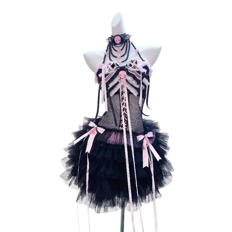Y2K Style Layered Tulle Mini Dress with Bow Decor Subculture Tiered Ruffle Mesh Dress Women Gothic Party Fashion Outfit