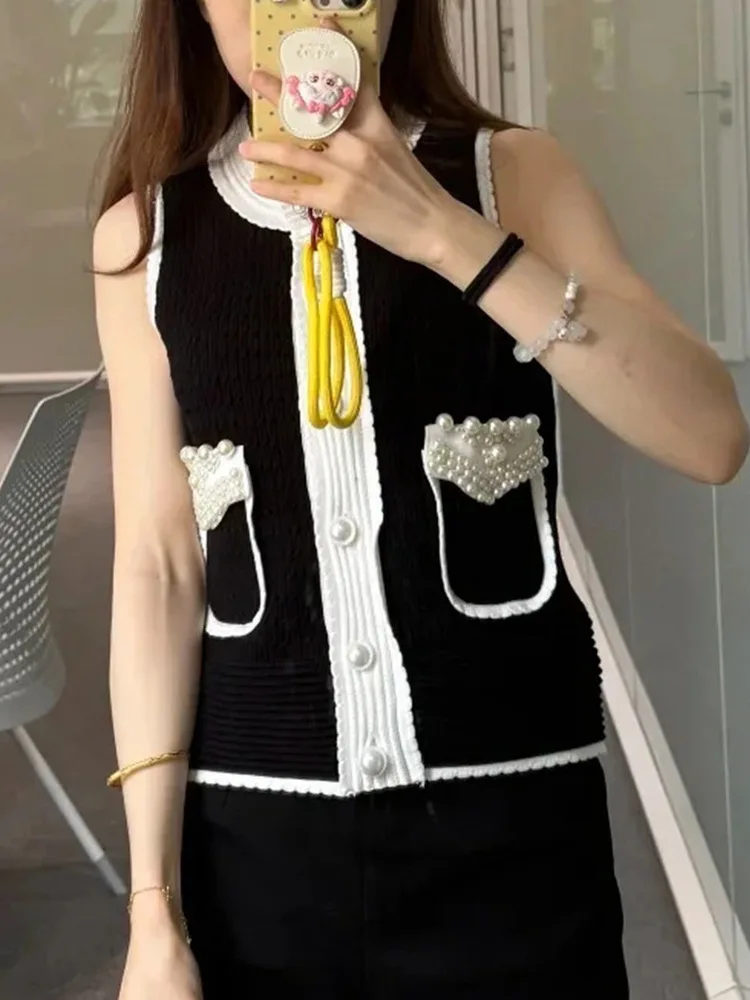 

High-End European Sle Summer Design Hepburn Bla White Color Blo Knitted round Ne Svel Vest Knit Open Cardigan