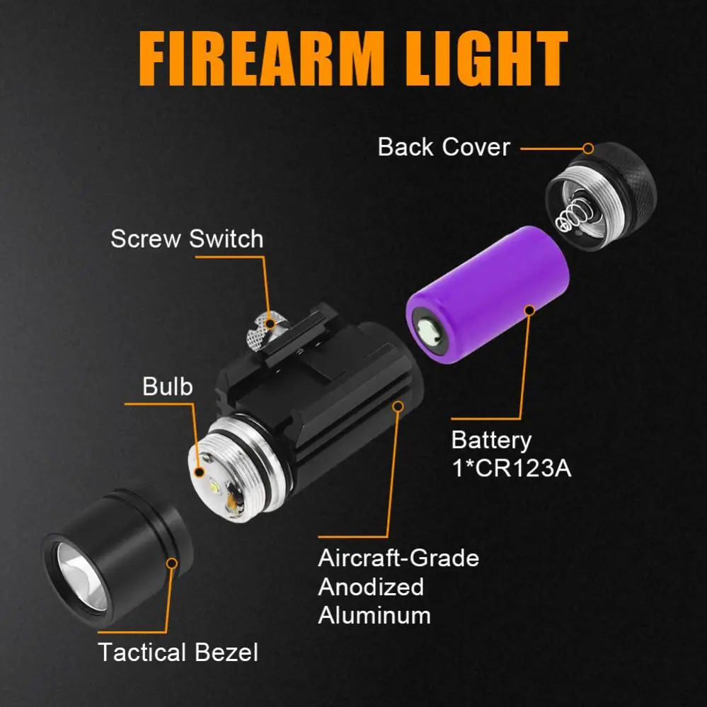 Rail Mounted Compact Pistol Light Tactical Gun Flashlight for Picatinny MIL-STD-1913 Waterproof Mini Tactical Hunting Torch