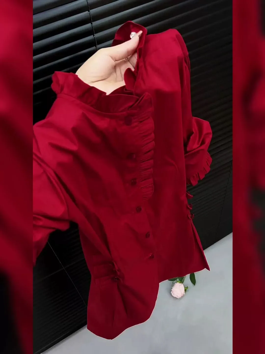 

Retro Red Folded Design Long Sve Loose Women's Top Breathable Comfortable Polyester Fabric Autumn New Sle Versatile irt