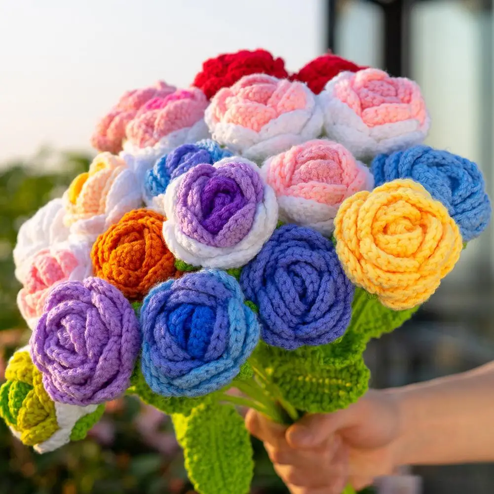 Knitted Rose Artificial Flowers,Braided Rose,Handmade Crochet Flower,Beautiful Yarn Rose Flower for Home Decoration