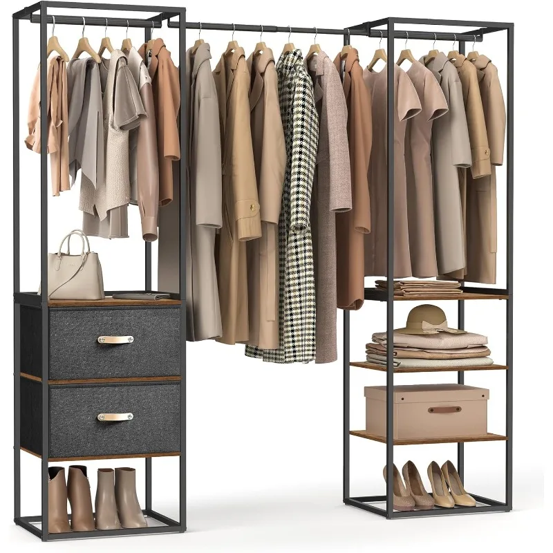 

Clothes Rack, 70.9 Inch Wardrobe Freestanding Closet, Heavy Duty Garment Rack with 1 Extendable Hanging Rod, 2 Drawers