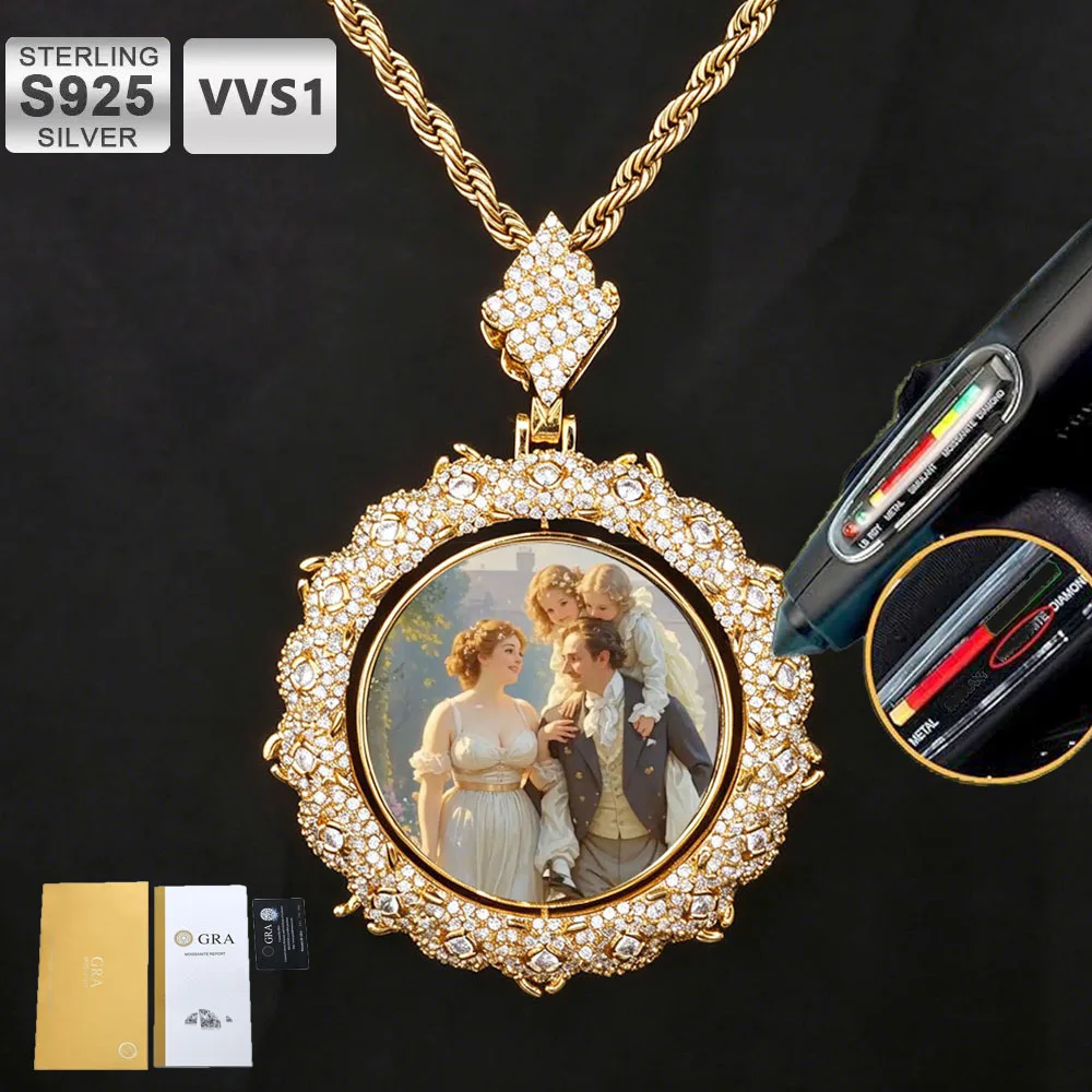 S925 Sterling Silver VVS1 Moissanite Custom Memory Photo Rotating Pendant Double Sided Round Hip Hop Exquisite Jewelry Necklace