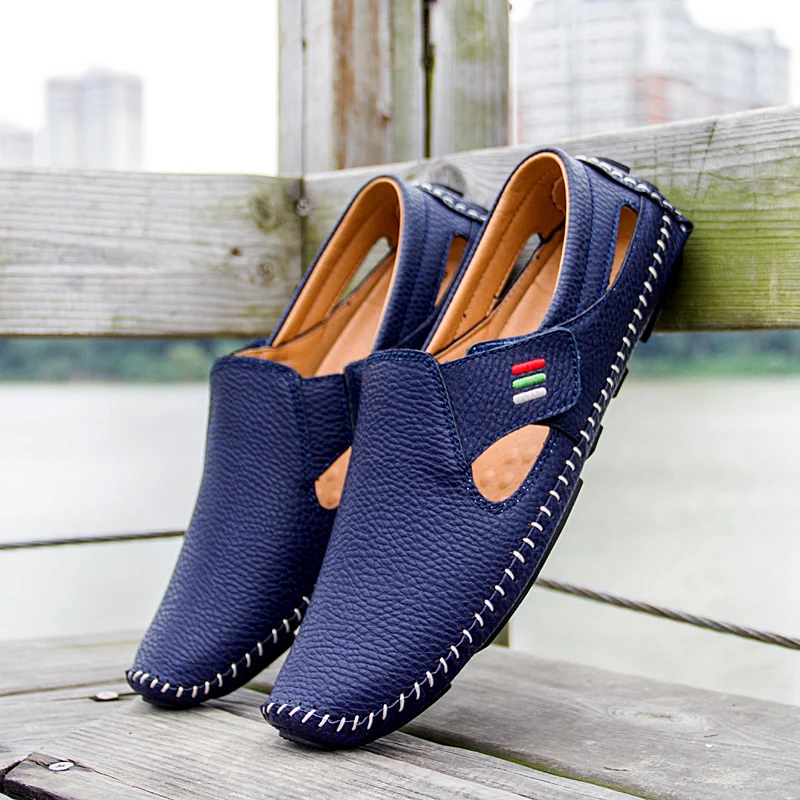 New 2023 Summer Breathable Shoes Men Leather Loafers Brand Design Handmade Men Flats Soft Leather Moccasins Boat Shoes