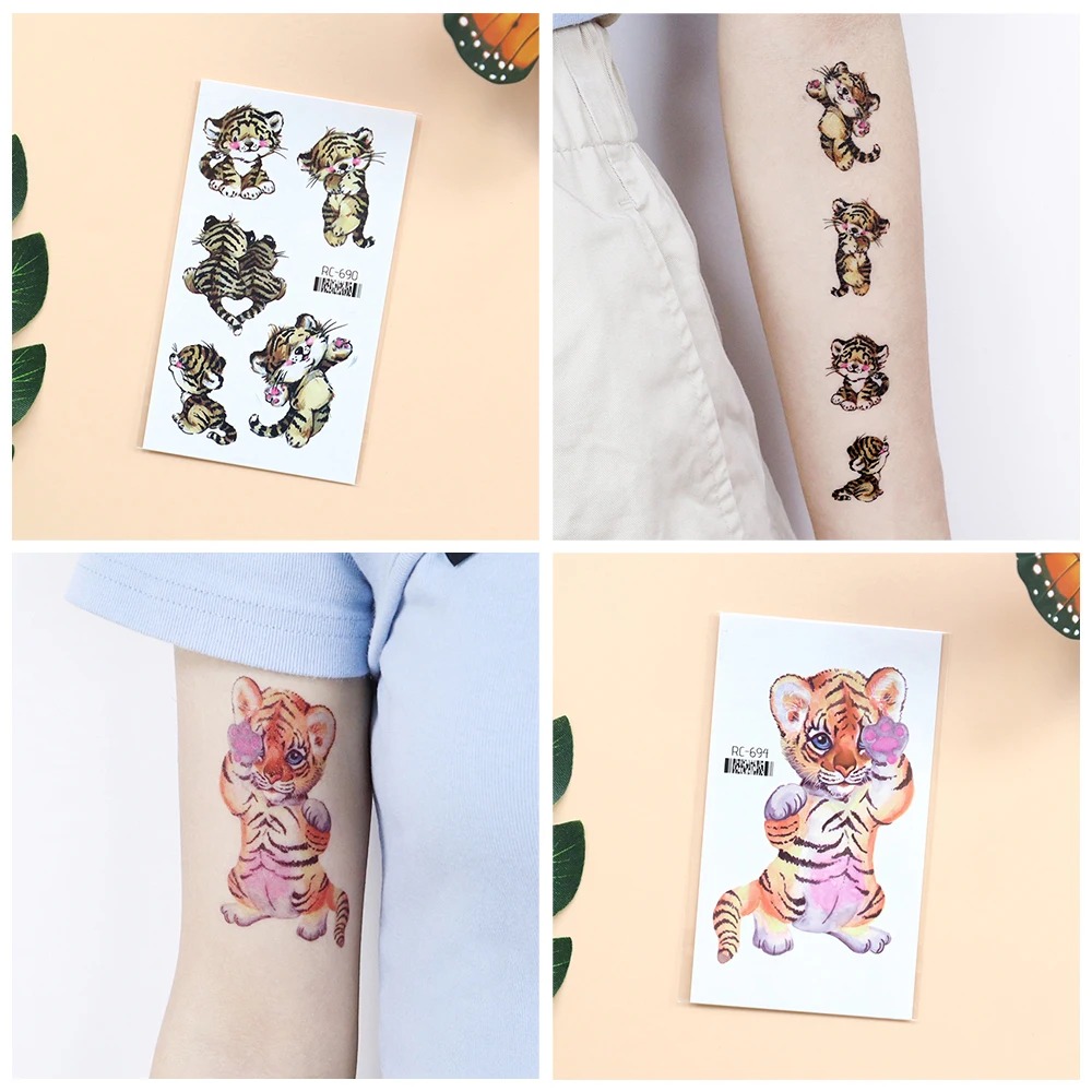 VeeCharm-pegatina de tatuaje de tigre de dibujos animados, tatuaje temporal de animales bonitos, accesorio elegante para momentos de Instagram, 1/10 hojas