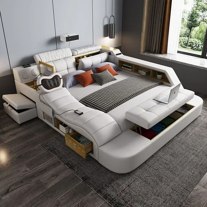 

Storage Headrest Double Bed European Style Luxury Full Size Double Bed Floor Multifunctional Cama Inteligente Bedroom Furniture