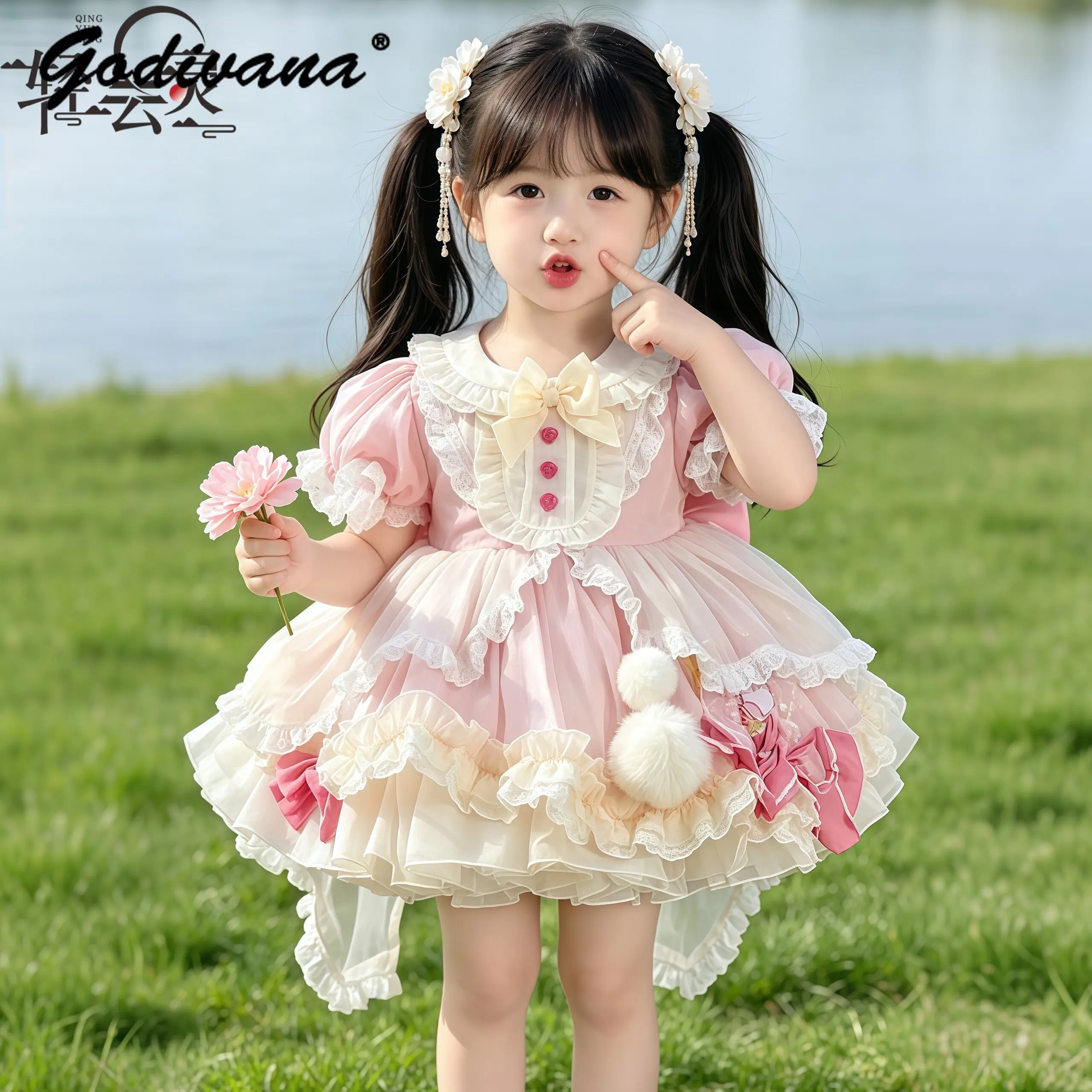 

Sweet Baby Girls Pink Court Lolita Princess Dress Kids Summer New Puff Sleeve Doll Collar Lace Trim Bow Mesh Birthday Tutu Dress
