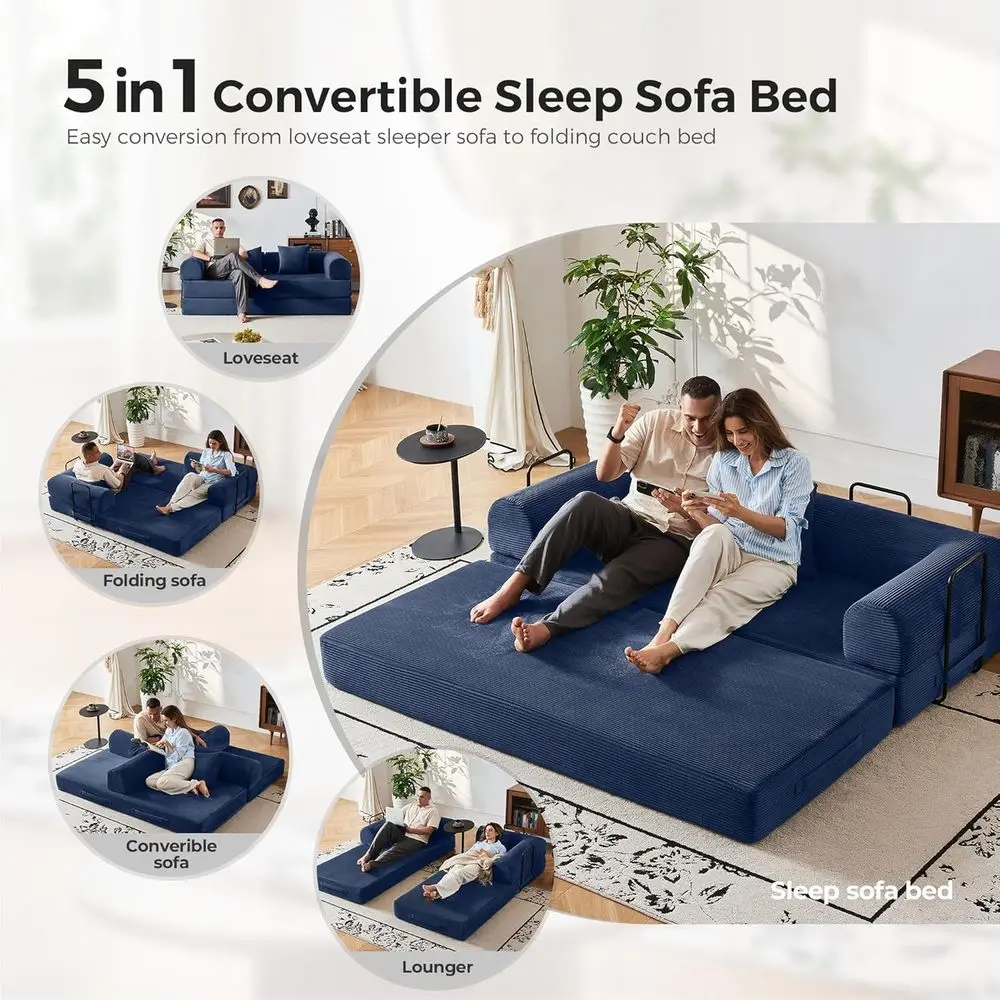 أريكة سرير قابلة للتحويل 79 5 في 1 باللون الأزرق الداكن مع إطار ثابت، بدون تجميع، غطاء سروال قصير ورغوة عالية المرونة للمساحة المدمجة #3