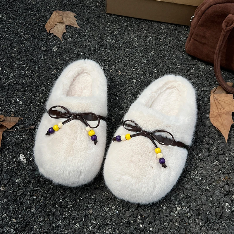 

Туфли-лодочки на плоской подошве, женские пушистые тапочки с бантом, сандалии с бисером, зима 2024, короткие плюшевые туфли с открытой пяткой, повседневные шлепанцы, Zapatos