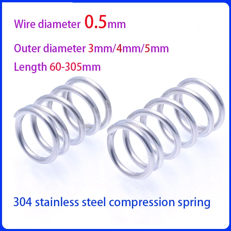 60-305mm Long 304 Stainless Steel Cylindrical Coil Compression Spring Return Spring Wire Diameter 0.5mm Outer Diameter 3/4/5mm