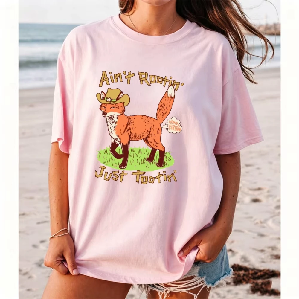 Ain't Rootin Just Tootin Fox Women Pink Graphic T-Shirt Funny Western Cowboy Animal Print Summer Casual Tee