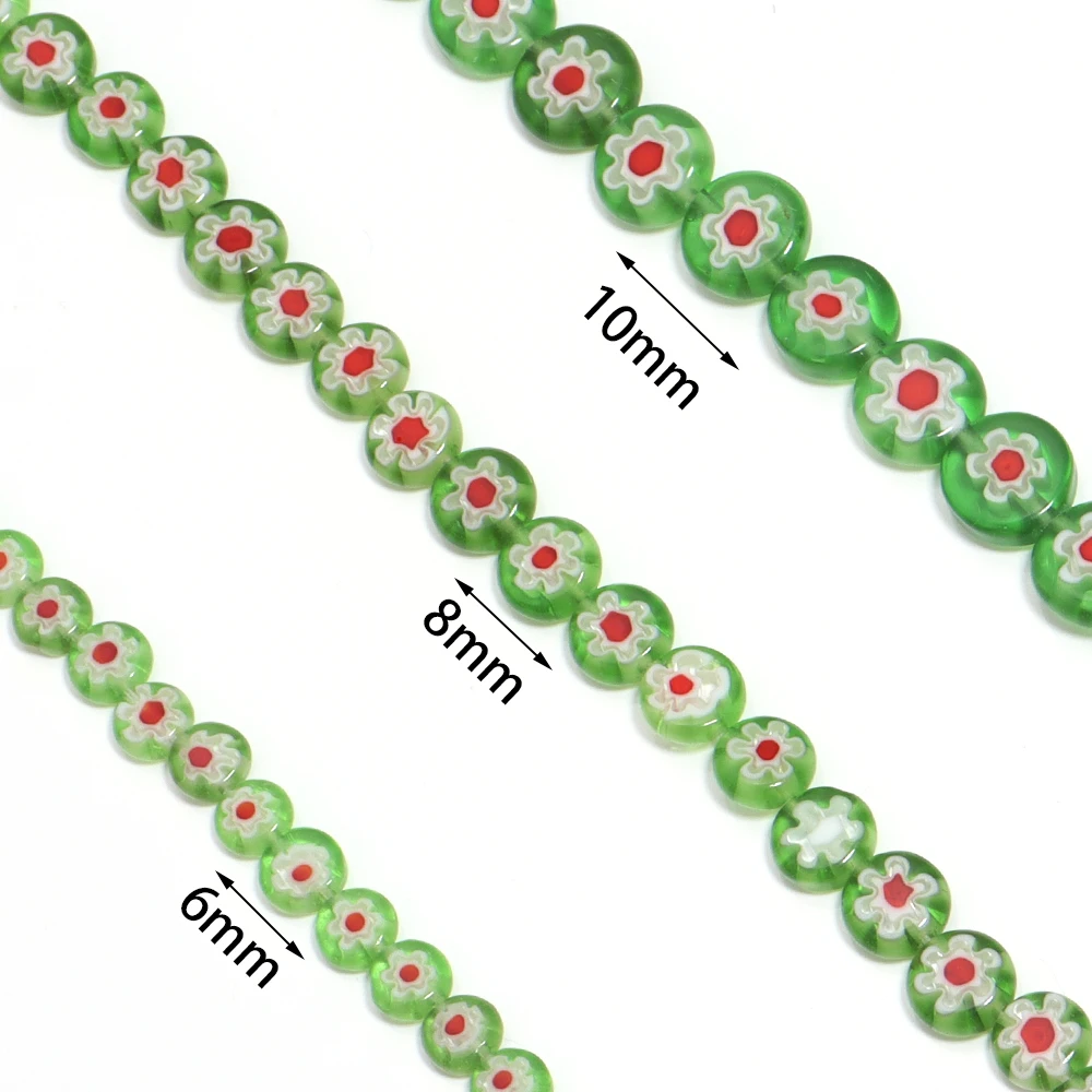 1줄 6/8/10mm 램프워크 비즈 평평한 원형 유약 처리된 유리 꽃 비즈 쥬얼리 제작 DIY 팔찌 목걸이 공예 액세서리