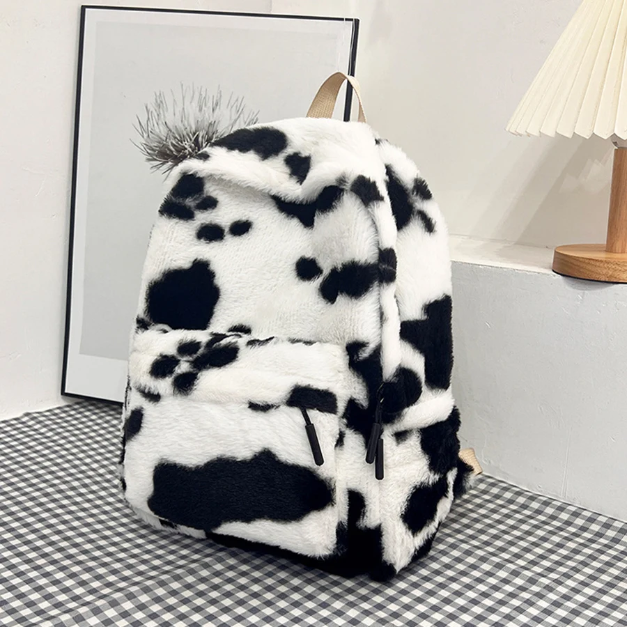 Casual Plush large-capacity schoolbag leopard print and cow print backpack autumn winter furry bag cute casual bagpack for girls