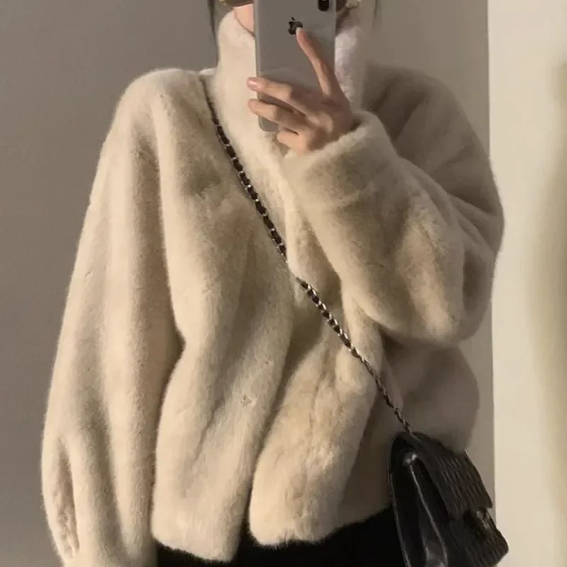 2024 Fashion Faux Fur Coat Women\'s Mink Fur Overcoat Short Jacket Winter Stand-up Collar Fur Outerwear Casual Tops