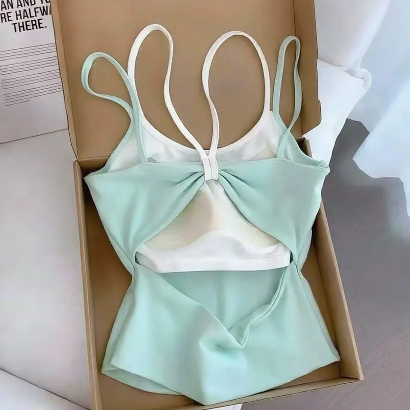 Green Fake Two-piece Butterfly Knot Camisole Beautiful Back Vest Hollowed Out Integrated Design Summer Outerwear Sport Yoga Tops