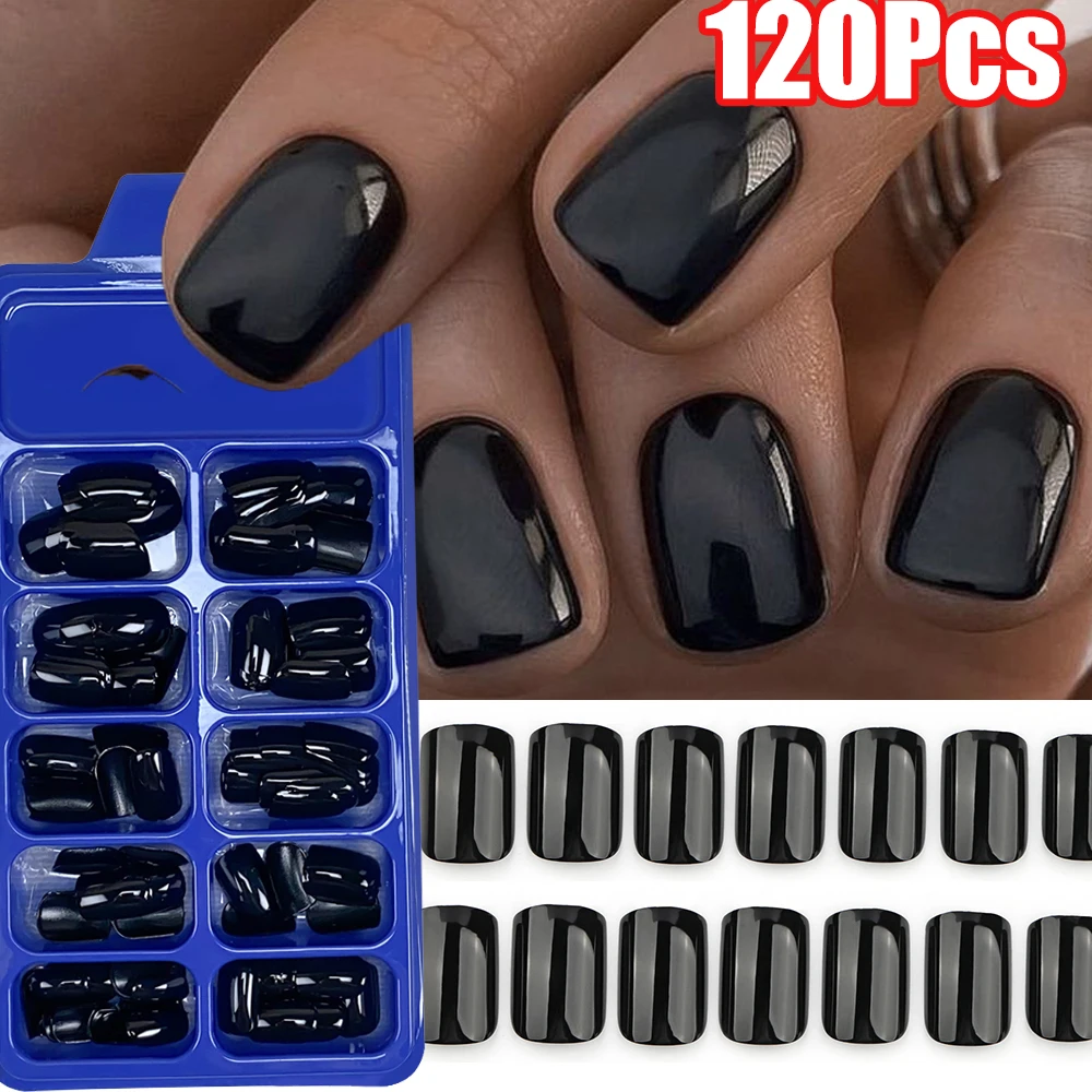 

120 шт./кор., глянцевые, черные, короткие квадратные накладные ногти, однотонные, черные, акриловые накладные ногти, черные квадратные накладные ногти для маникюра