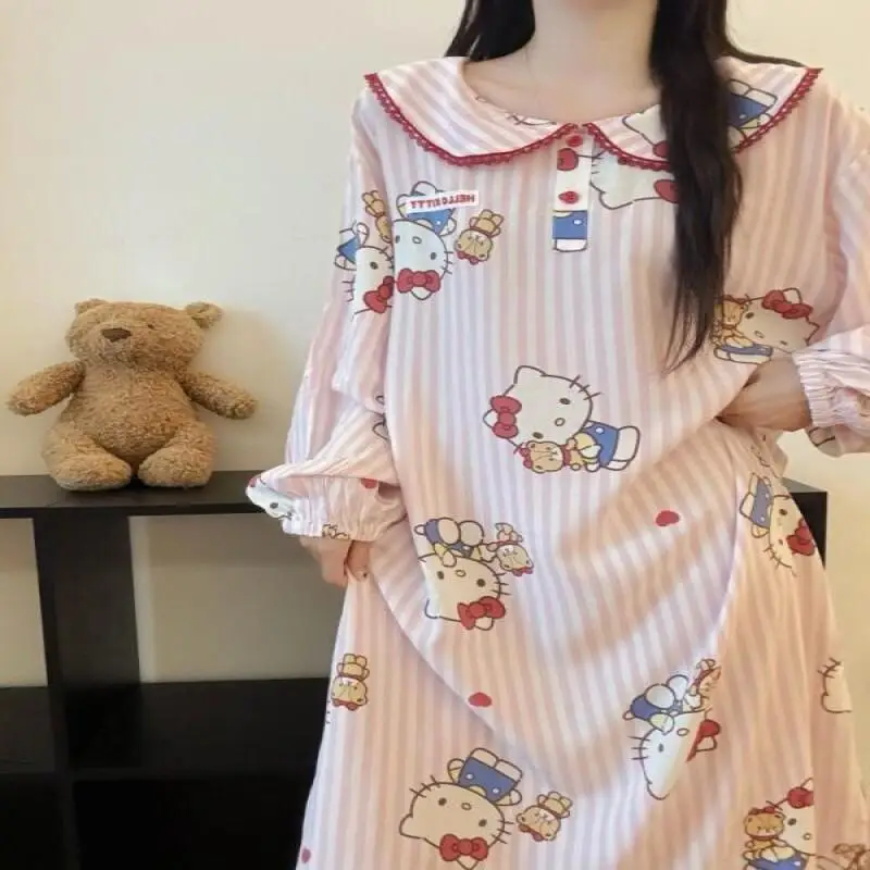 

Sanrio, милая ночная юбка, ночная юбка Hello Kitty, полосатая пижама с длинными рукавами, женская осенняя свободная стильная домашняя одежда, ночная юбка