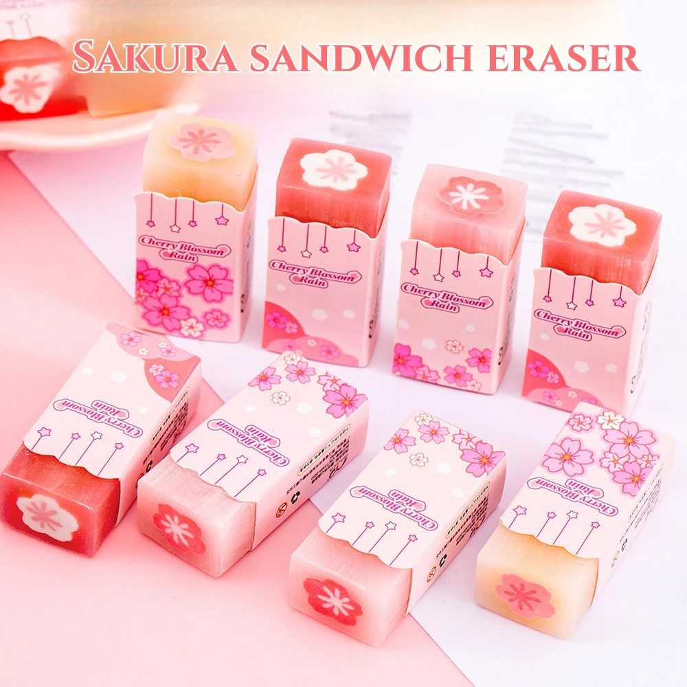 3Pcs/Lot Kawaii Cherry Blossom Sandwich Pencil Eraser Children Cute Less Debris Rubber Sakura Slice Erasers School Stationery