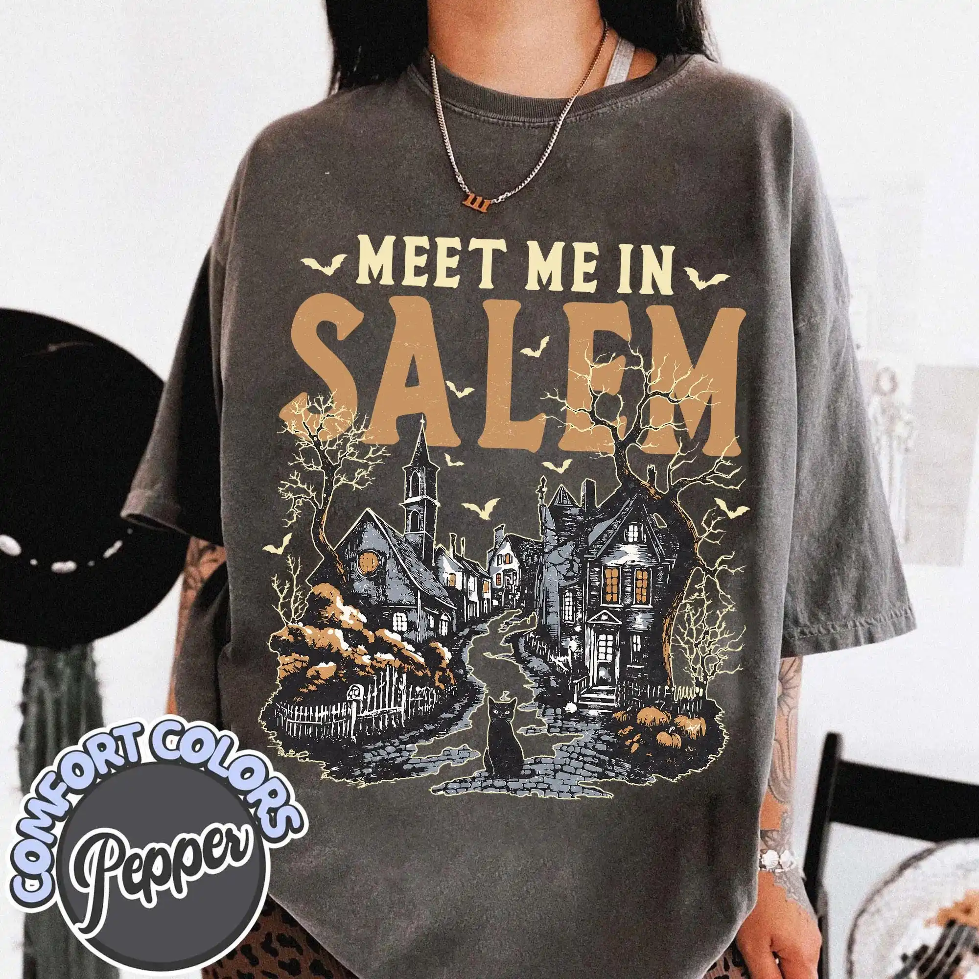 Meet Me in Salem Halloween Shirt, Salem MA Witch Gift, Haunted Town Tee, Salem 1692 Black Cat Tee, Witchy Halloween Shirt