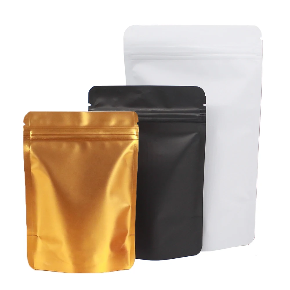 Matte Black White Gold Aluminum Foil Stand Up Zip Lock Mylar Bags Resealable Coffee Tea Powder Zipper Top Storage Package Bag