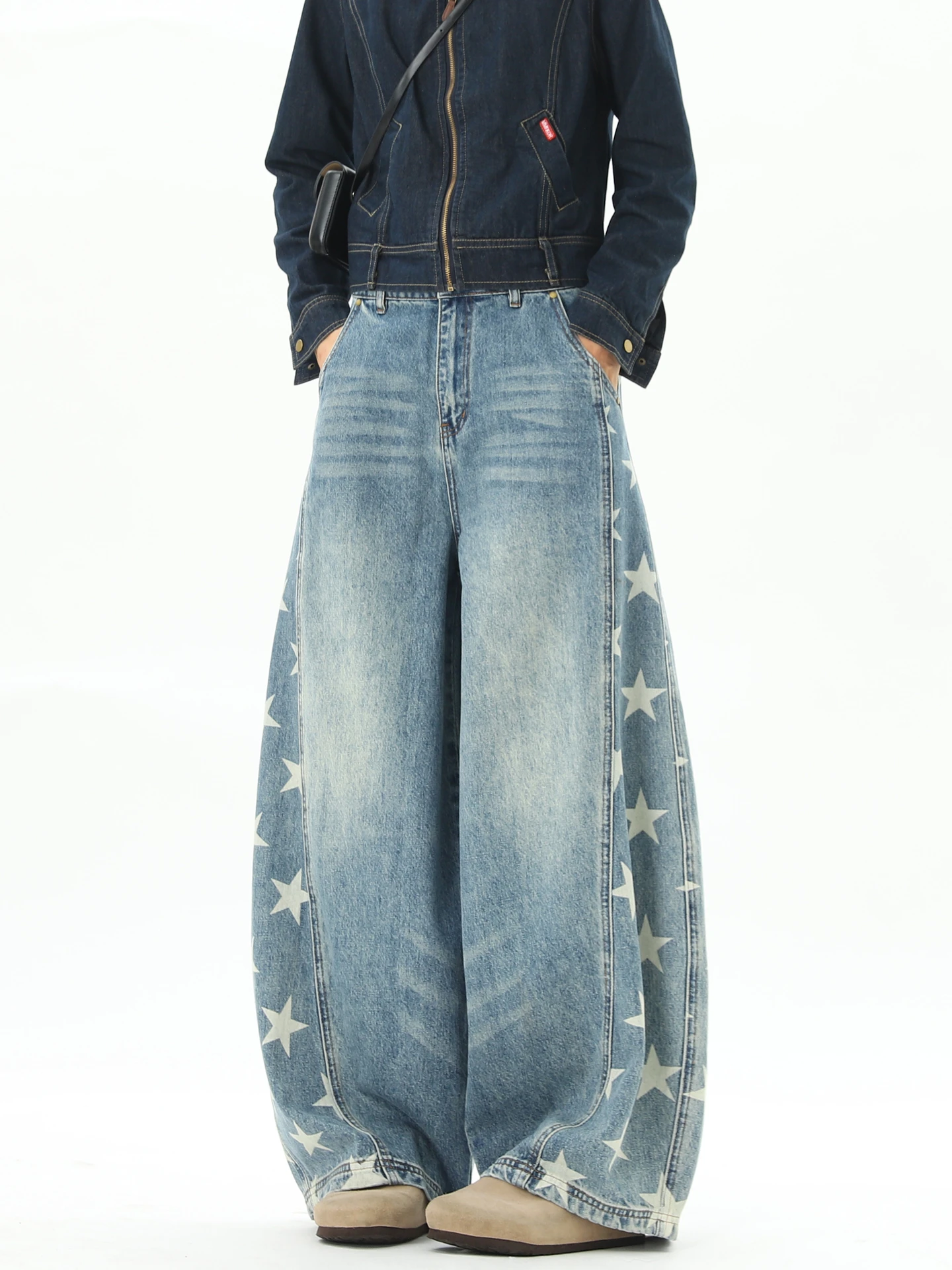 

Мужские джинсы свободного кроя в стиле ретро с деконструированными нашивками-звездами и широкими штанинами, повседневные брюки для подростков