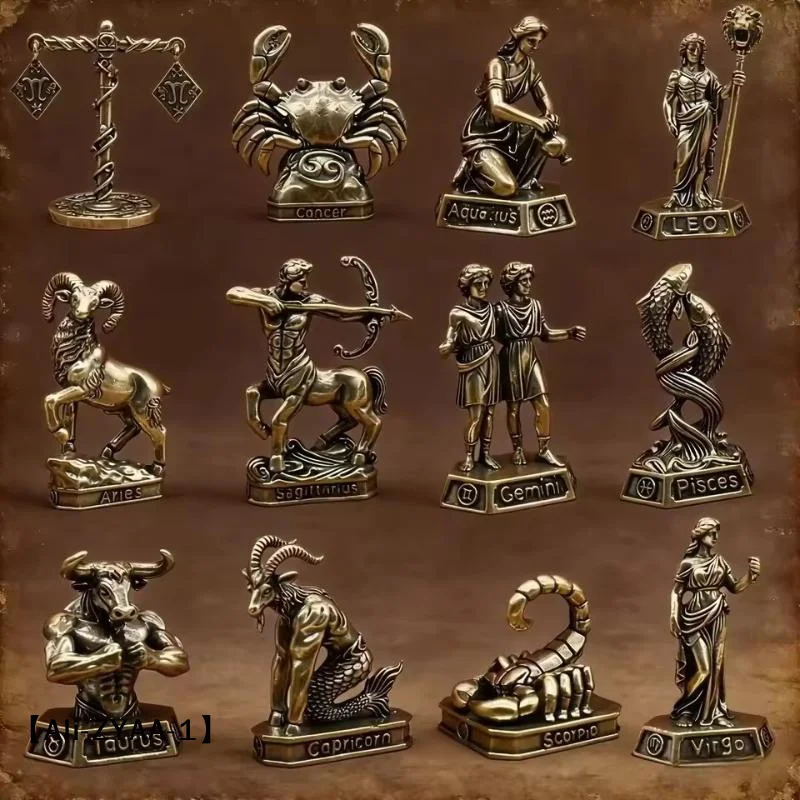 【A】Vintage Brass 12 Constellation Figurines Fine Craftsmanship Perfect For Desk Decor Astrology Enthusiasts Gifts