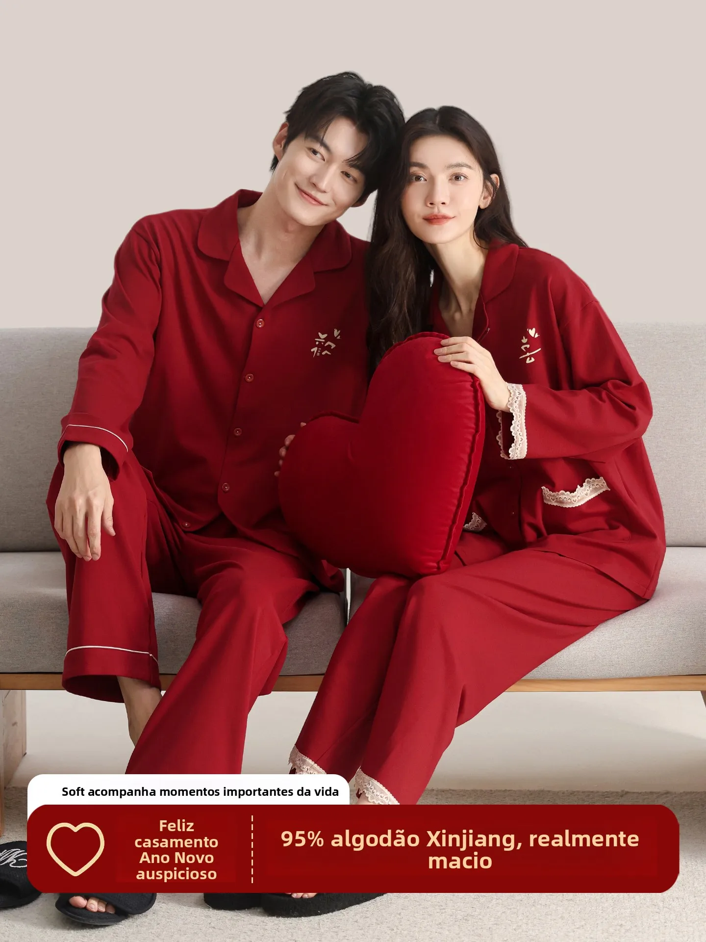 red-cotton-pajamas-couple-set-wedding-new-home-clothes-men's-pure-cotton-women's-sle-autumn-winter-casual-comfortable-breat