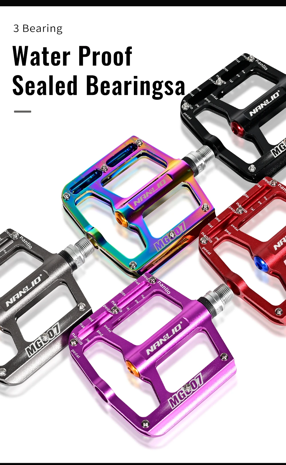 NANLIO MTB Fahrradpedale Ultraleichte Aluminiumlegierung Flachpedale 3 Gedichtete Lager Rutschfest mit Reflektoren Fahrradzubehör – Detail 4