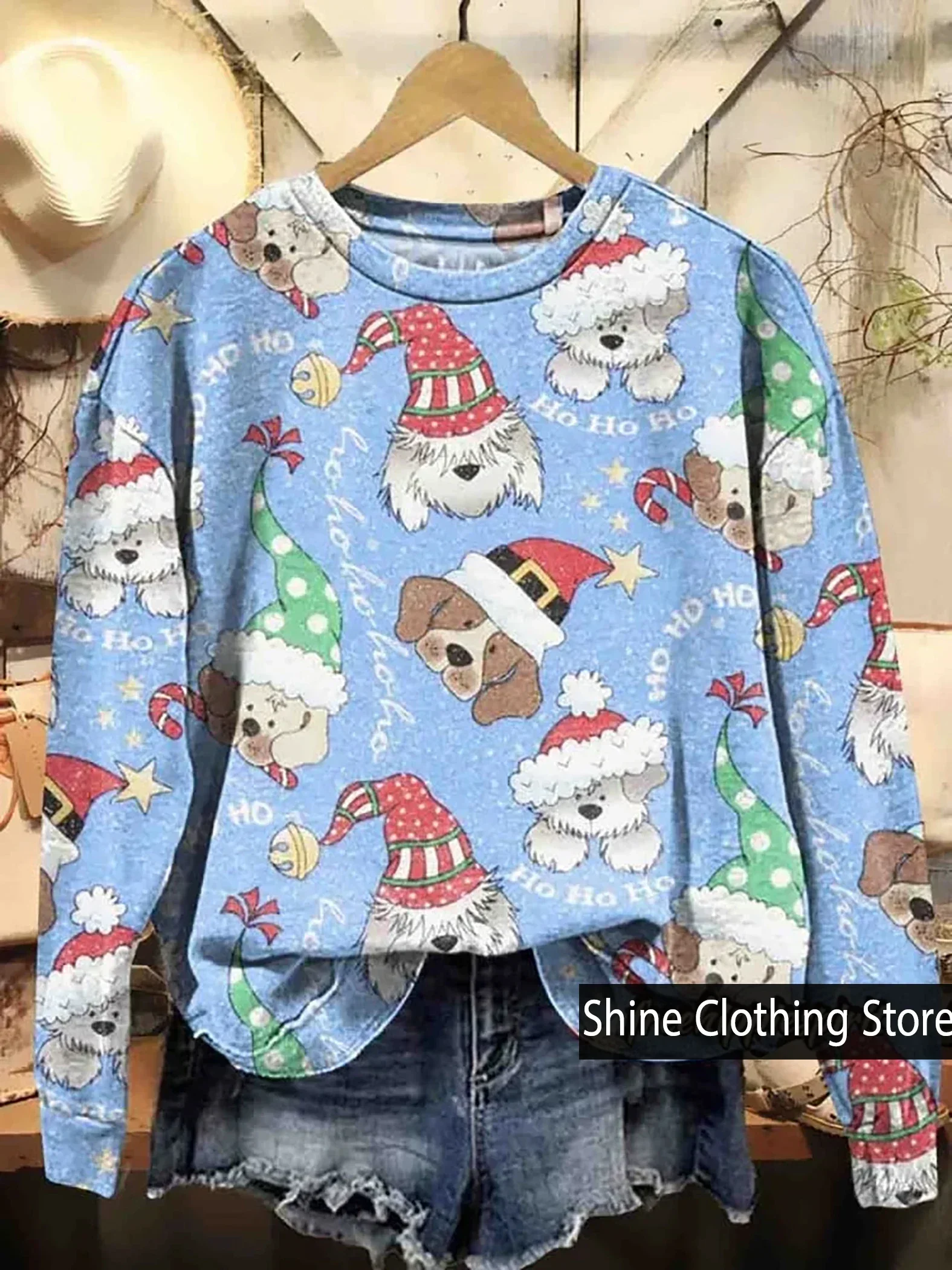 

New Arrivals Women's Christmas Puppy Print Casual Crew Neck Sweatshirt Comfortable Tops for Women,women's clothing