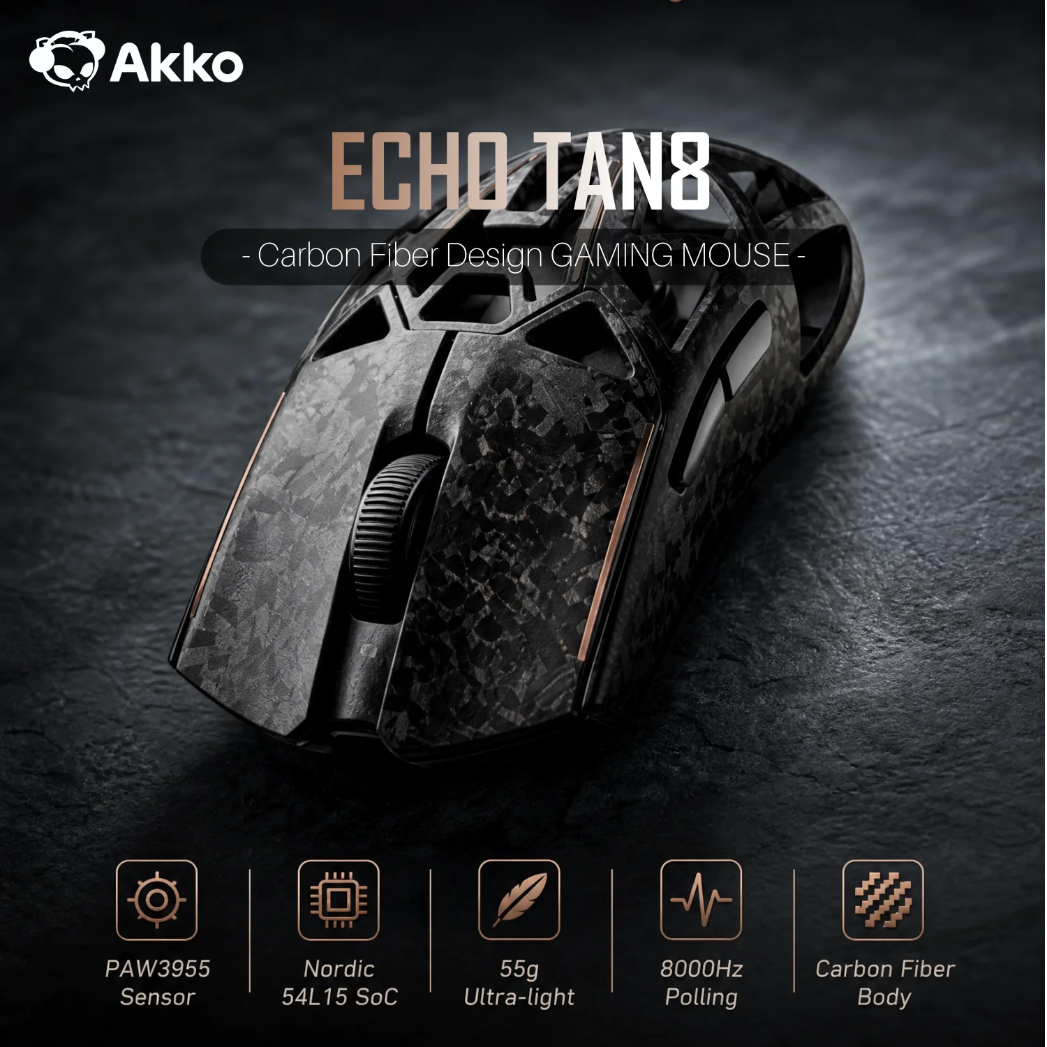 Akko Echo Tan8 Gaming Wireless Mouse Carbon Fiber Design PAW3955 PAW3950 8K Polling Rate 65000DPI 55g Lightweight Esports Mouse