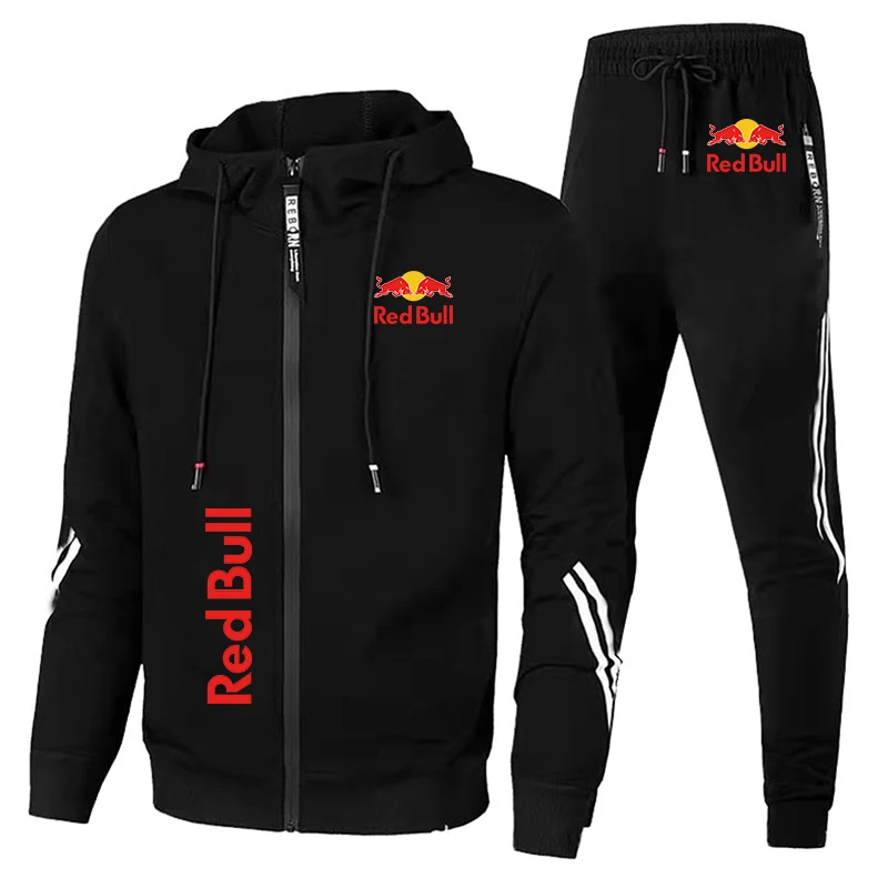 Red Bull Racing Logo Print Men Sportswear Hoodie Sets Zip Sweatshirt+Pants 2 Piece Suit Extreme Sports Custom Red Bull Tracksuit