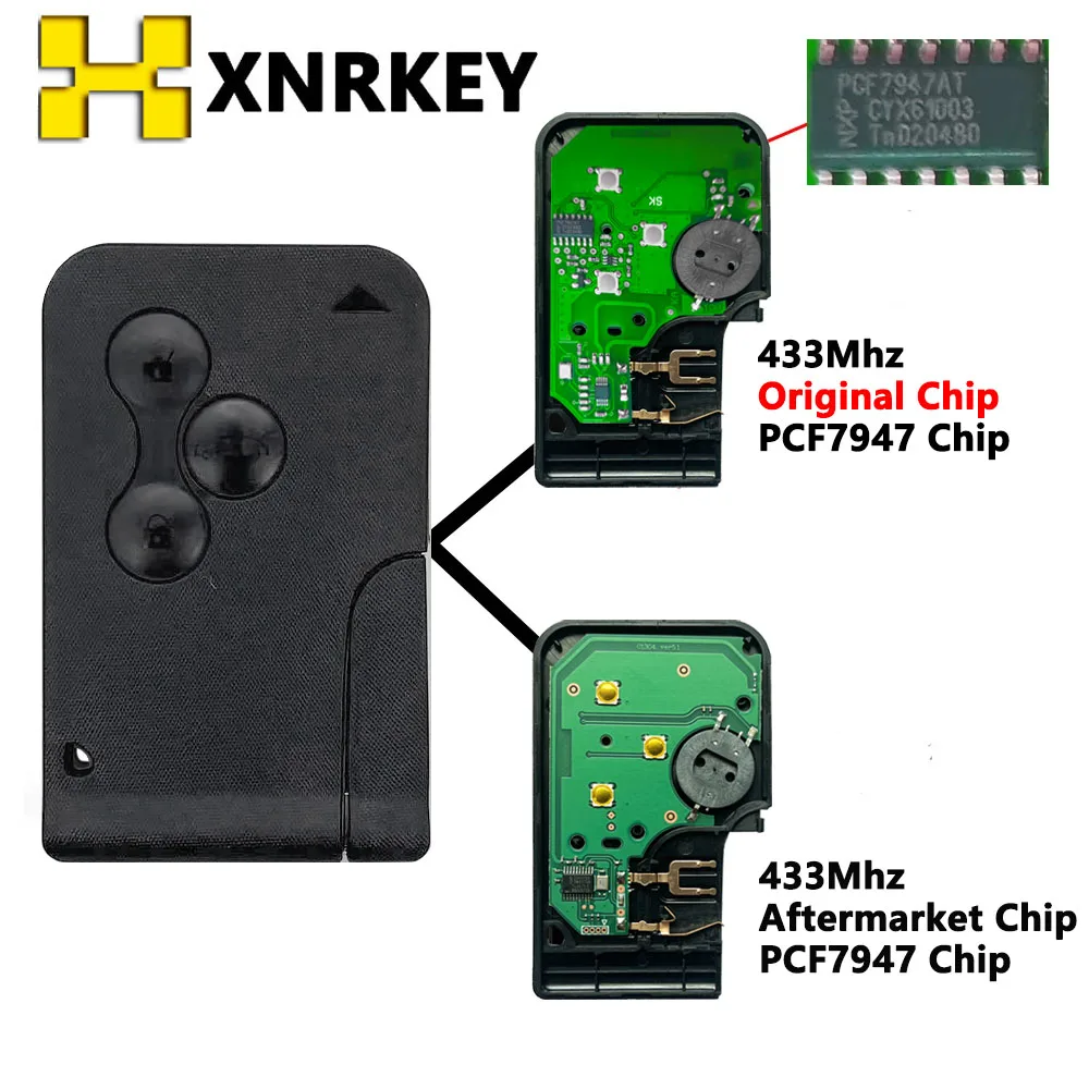 XNRKEY 3 botones 433Mhz posventa/original PCF7947 tarjeta de llave inteligente llave remota de coche para Renault Megane II Scenic II Grand Scenic