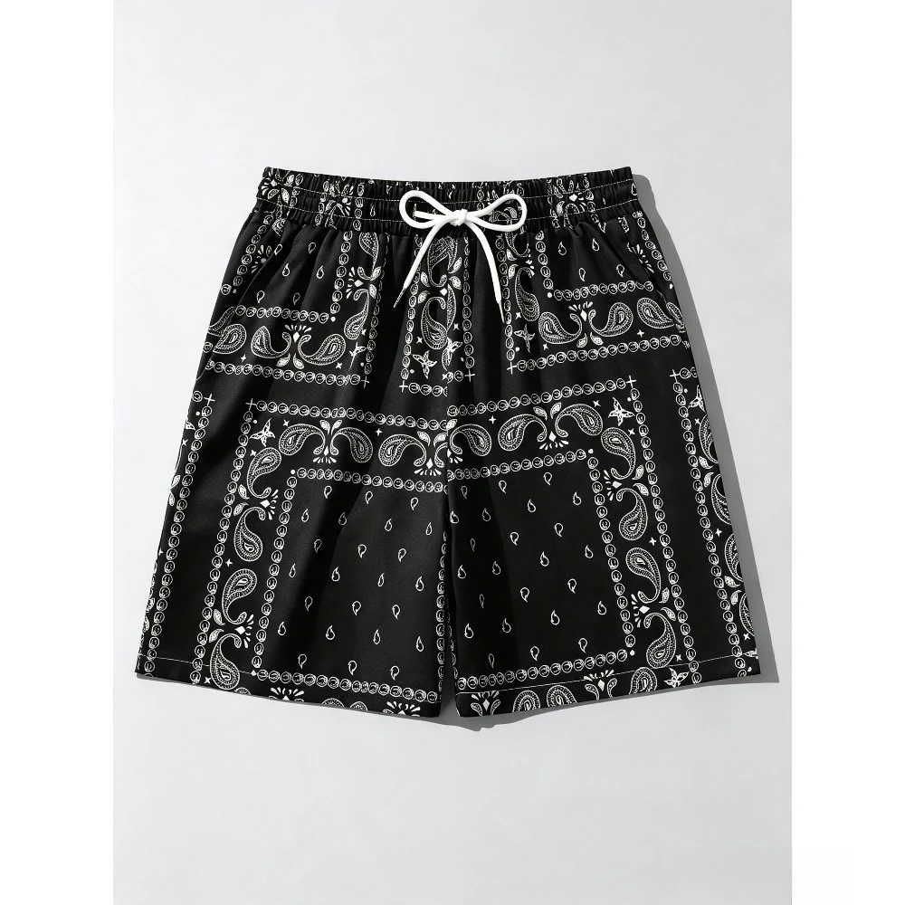 Men Black Paisley Print Casual Shorts Elastic Drawstring Waist Loose Beach Short Pants Lightweight Streetwear Vacation Bottoms