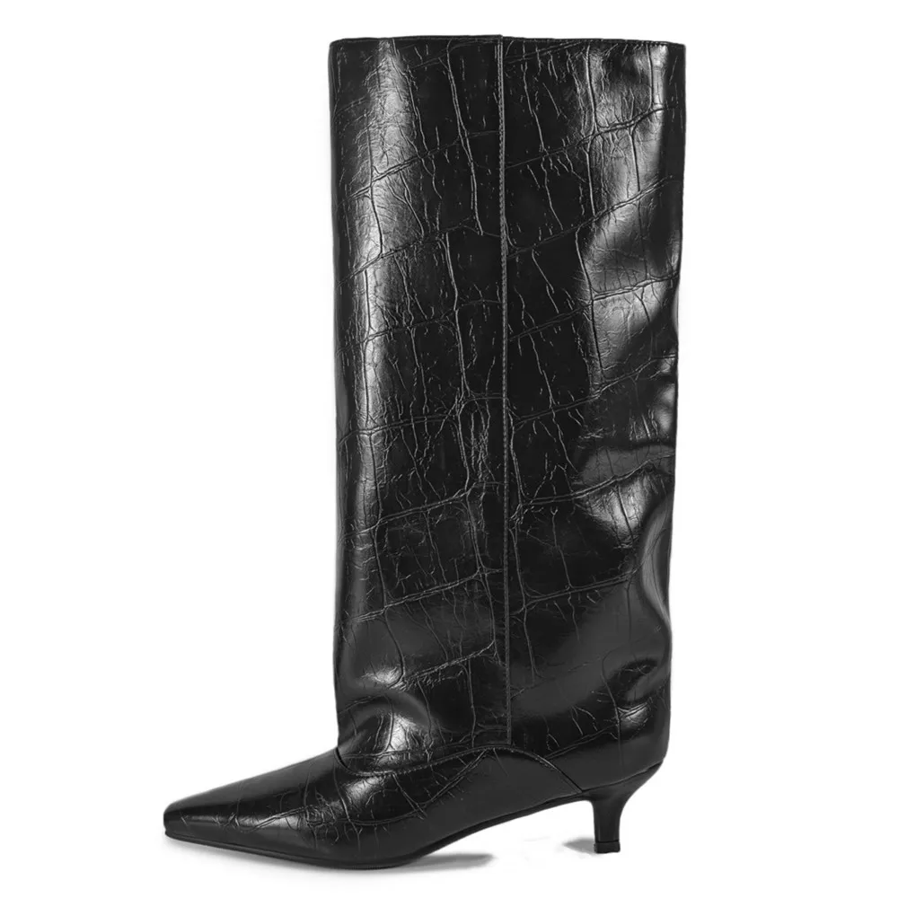 Women's Spring and Autumn New Cat Heel Wide Knee Knee Boots Fashion Pointed Women's Low Heel Mid Heeled Boots