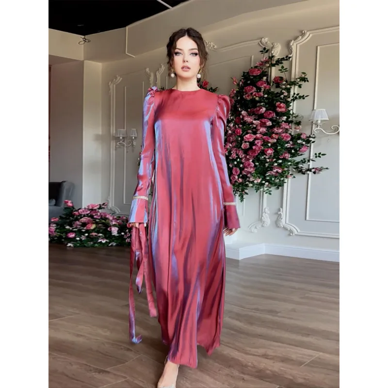 Lace-up Sashes Eid Muslim Maxi Dress Long Sleeve Elegant Dress O-neck Middle East Saudi Arabia Long Robe Evening Dress For Women