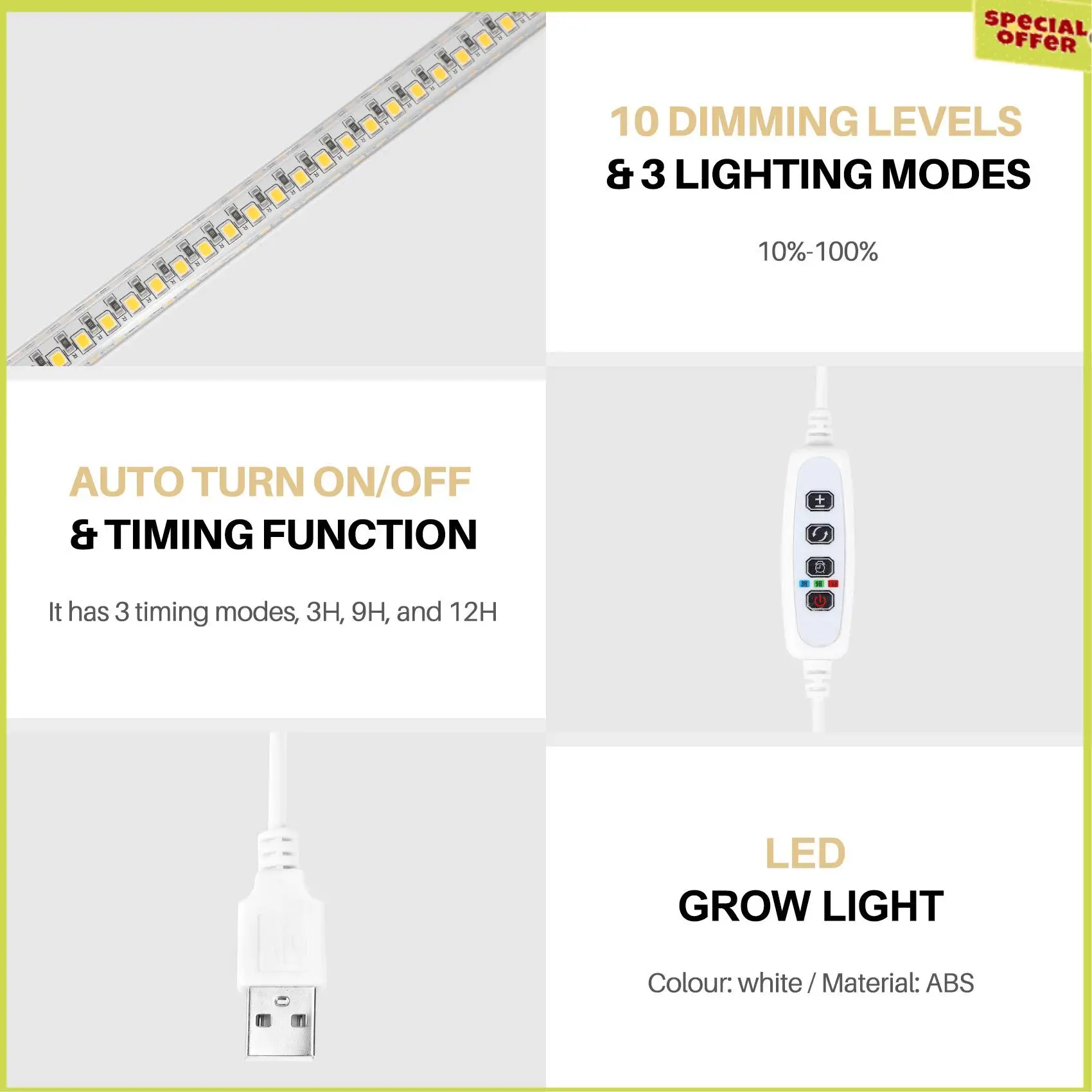 A34R LED Plant Grow Light Strips, Full Spectrum Grow Lights For Indoor Plants With Auto On/Off 3/9/12H Timer, 192 Leds