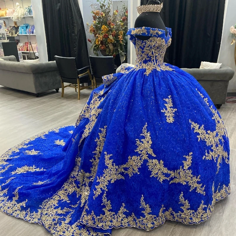 Evolt personalizado azul real quinceanera vestido de baile renda apliques miçangas doce 15 anos inchado vestidos de 15 anos tqd057