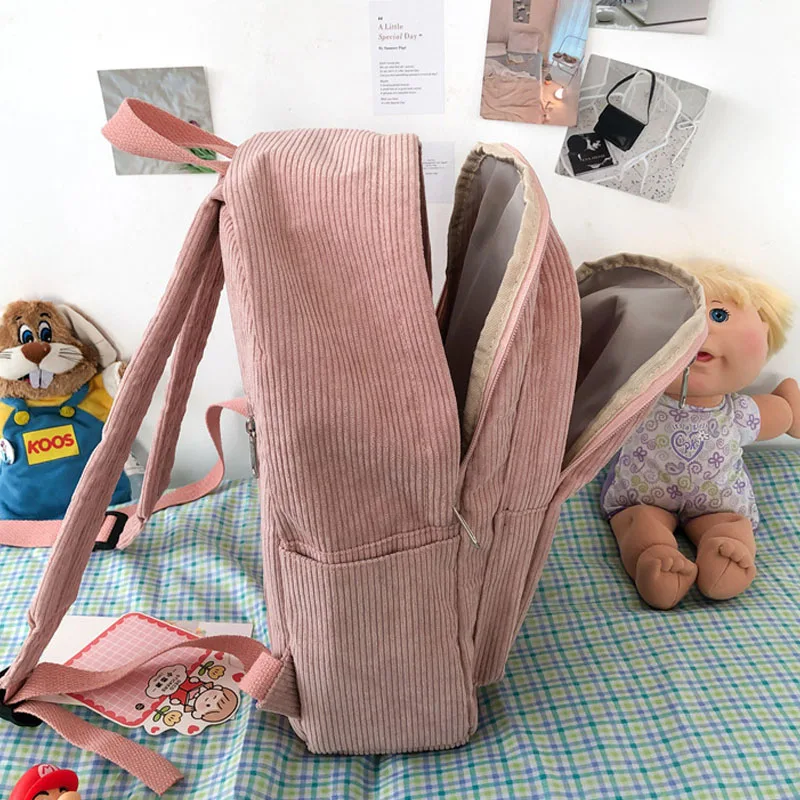 Mochila escolar bonita para adolescentes, bolso de pana a rayas para mujer, mochila Harajuku de algodón con cremallera, mochila de viaje Simple Kawaii, mochila suave sólida