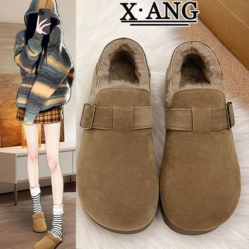 

New Autumn Winter Retro Fur Shoes Women Plus Velvet Bean Shoes Lazy Platform Slip-on Warm Cotton Shoes