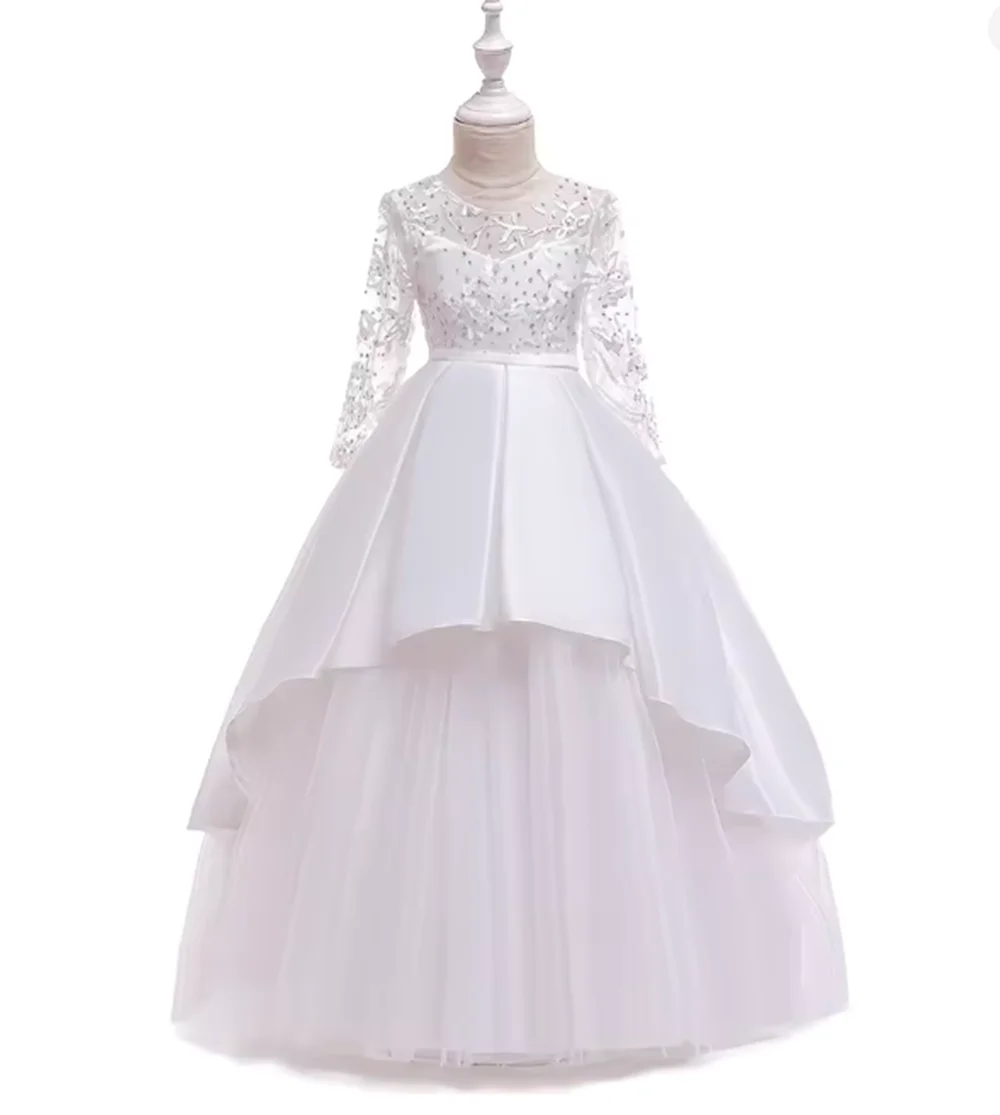 Elegante Kinder rosa Brautjungfer Party Kleider Langarm Hochzeit Weihnachten Kleid für Mädchen Kinder Prinzessin Geburtstag Kostüm