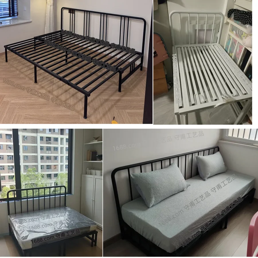 A pull-out wrought iron sofa bed frame without armrests and backrests, placed on the left and right sides against the wall