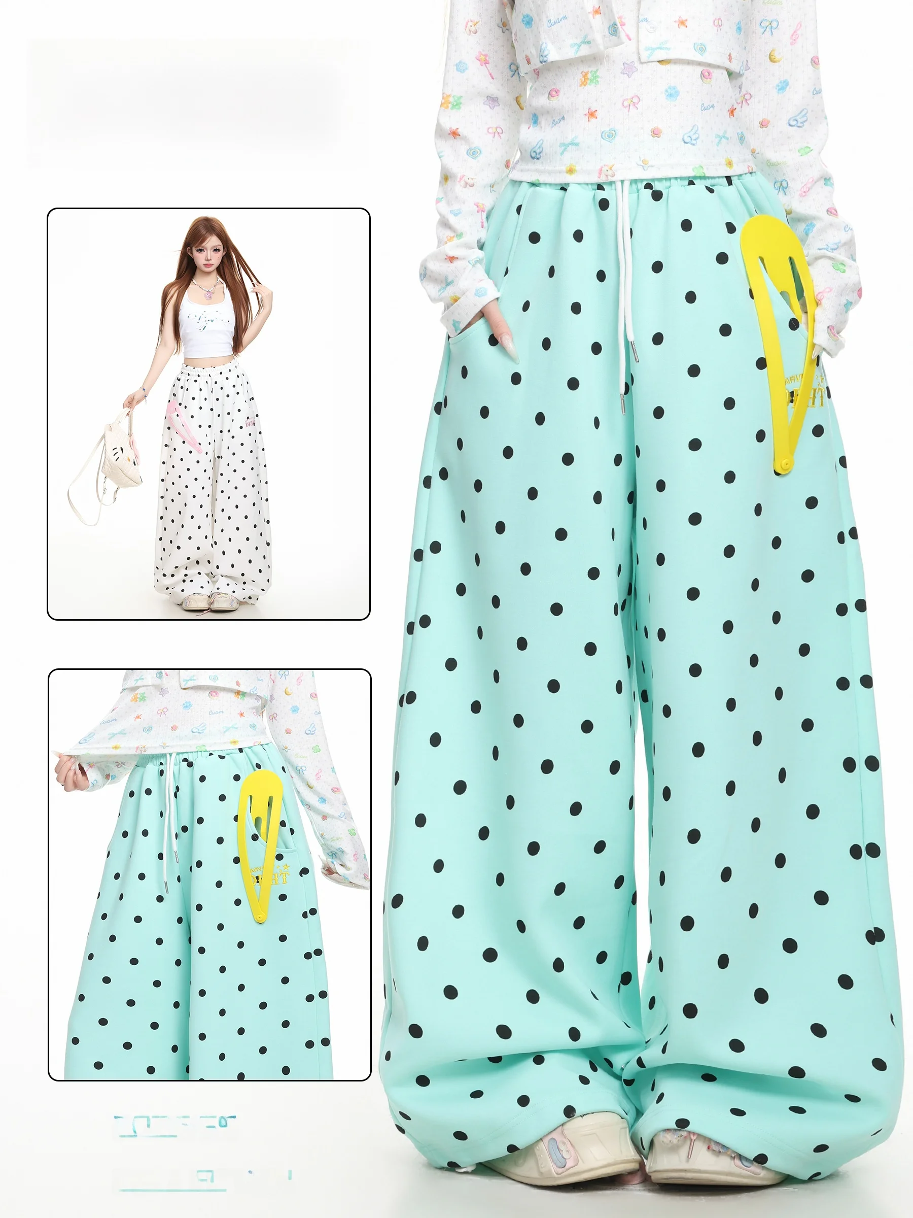 

BASTERDS Summer High Waist Polka Dot Casual Pants Women Straight Leg Wide Leg Sweatpants Long Pants Loose Fit Casual Style