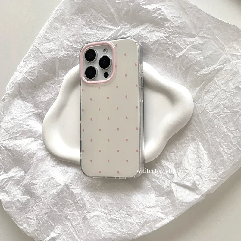 Korean Ins Minimalist Cute Cream White Pink Polka Dots Phone Case For iPhone 17 16 15 14 13 12 11 Pro MAX Plus 17air 16e Cover - view 4