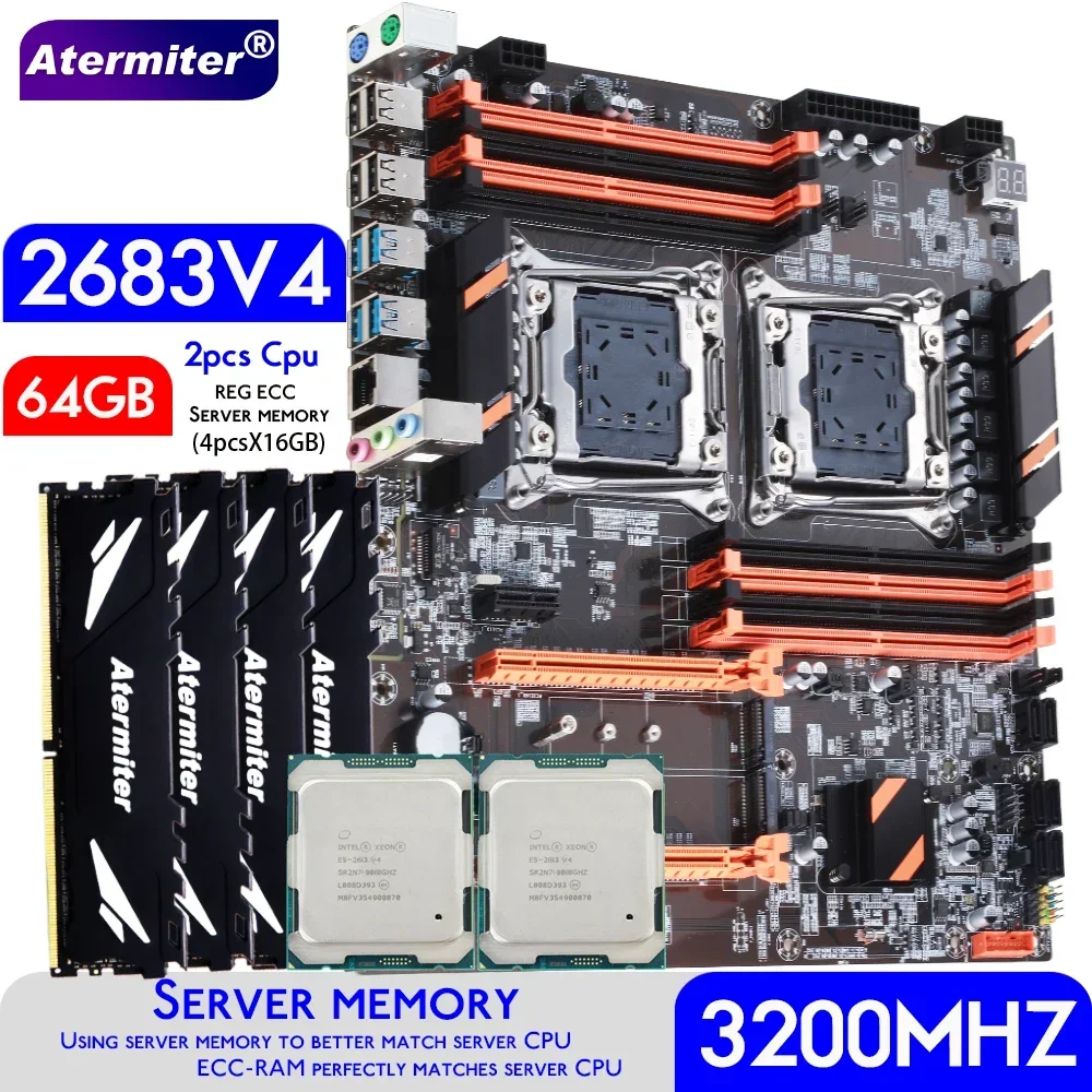 

Материнская плата Atermiter Dual X99 с комбинированным комплектом памяти 2011-3 XEON E5 2683 V4*2 с 4 шт. X 16 ГБ = 64 ГБ DDR4 3200 МГц REG ECC